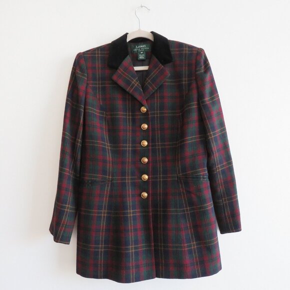 VINTAGE LAUREN RALPH LAUREN Plaid Velvet Collar 100% Wool Blazer Jacket Preppy - Picture 2 of 16